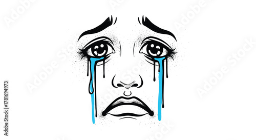 An illustrative portrayal of a deeply saddened and crying face, rendered in black and white with prominent, vibrant blue tears symbolizing distress.