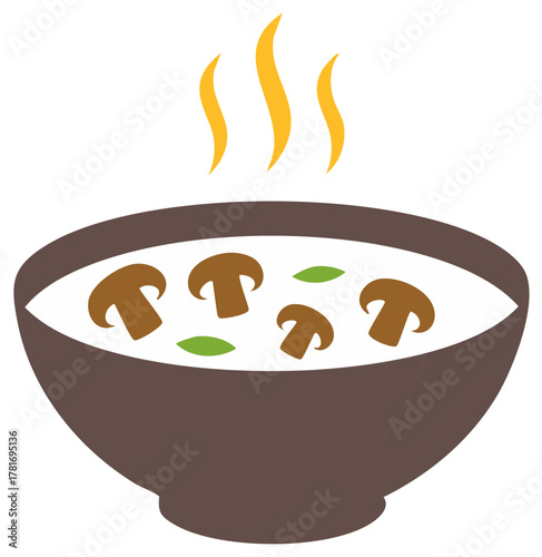 Illustrated bowl of mushroom soup with rising steam concept vector