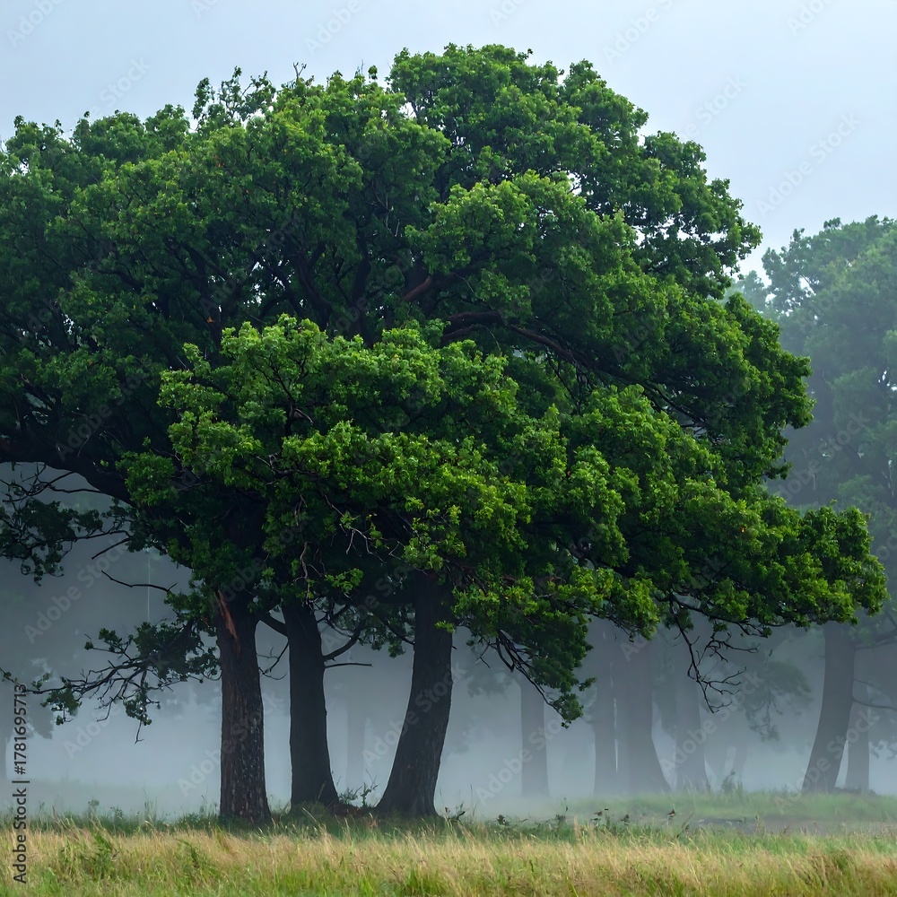 Fototapeta premium Lush, green oak trees stand tall against a hazy, misty backdrop in a natural outdoor landscape
