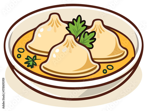 Three Delicious Momos Steaming in a Broth with Garnish