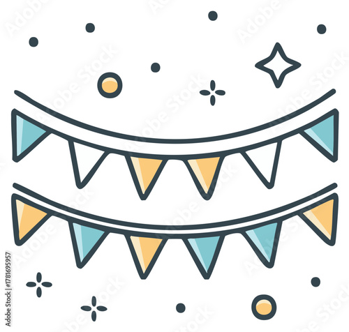 Hanging party bunting flags with sparkles and confetti flat color line icon