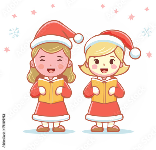 Joyful cartoon girls in Santa hats singing Christmas carols together happily from a songbook