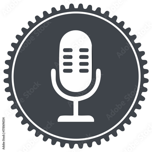 Retro microphone icon with a gear border for podcasting and broadcasting