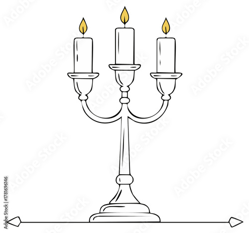 Elegant three arm candelabra with lit candles in a refined outline illustration