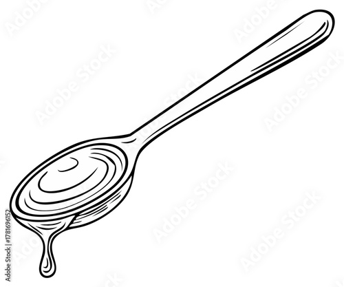 Kitchen utensil spoon holding a viscous liquid with a drop dripping down illustration