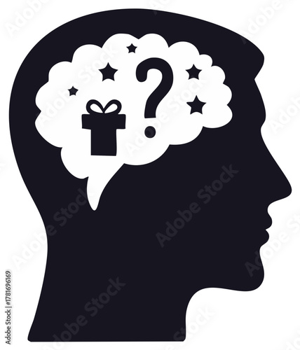 Gift Ideas: Head silhouette containing question mark and gift box icons, inside a cloud with stars, on a white background