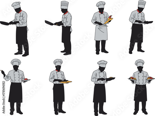 Chef illustration, cooking pose, food presentation, kitchen utensils, frying pan, plate serving, culinary action, restaurant scene