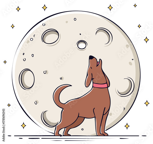 Dog howling at the full moon and stars in a stylized illustration