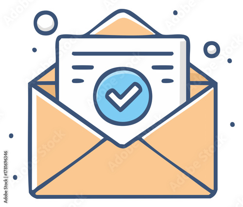 Confirmed email notification success message in open envelope illustration