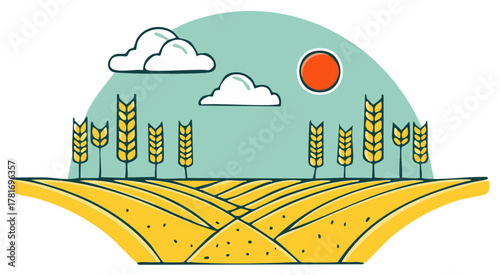Scenic vista illustration of wheat fields under a sunny sky with clouds, showcasing an agricultural landscape design element