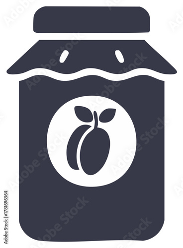 Simplified plum jam jar logo with fruit icon and lid, isolated design element.