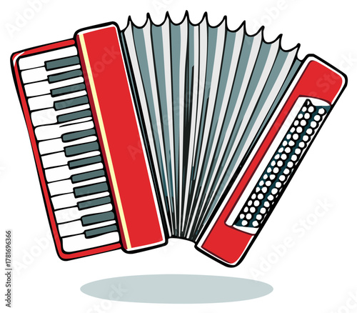 Vintage style red accordion musical instrument with bellows and keyboard illustration