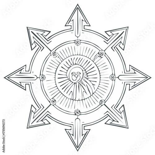 Symbol of Chaos with Arrows in Circle Shape Hand-Drawn Graphic Element