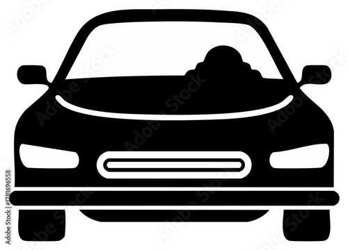 Black and white icon of a car with a driver. The vehicle faces the viewer in a frontal perspective.
