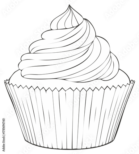 Simple line drawing of a cupcake with swirl frosting and decorative liner