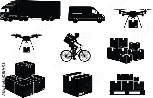 Delivery silhouettes, transport vehicles, drone with package, courier bike, cardboard boxes, shipping icon, black vector illustration
