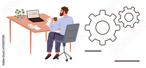 Man sitting at desk with laptop, coffee, and documents, contemplating workflow with mechanical gear icons. Ideal for productivity, remote work, brainstorming, project management, innovation process