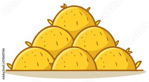 Cartoon illustration of a pyramid of yellow hay bales