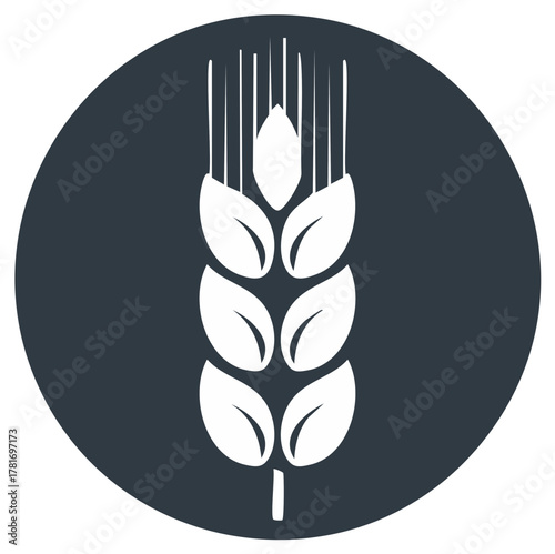 Stylized white wheat stalk icon on dark circle background minimalist vector illustration