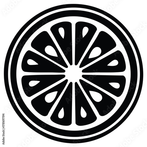 Bold black and white graphic design of a stylized citrus fruit slice with segmented wedges
