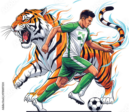 Soccer Player Dribbling with Realistic Tiger Mascot and Dynamic Energy Flames