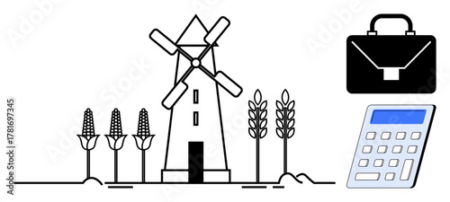 Windmill surrounded by corn and wheat crops, a black briefcase, and a calculator. Ideal for farming, business, accounting, agriculture, renewable energy rural development and trade. Simple flat