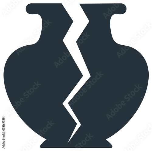 Dark broken ceramic pot or urn with a white jagged crack down the center