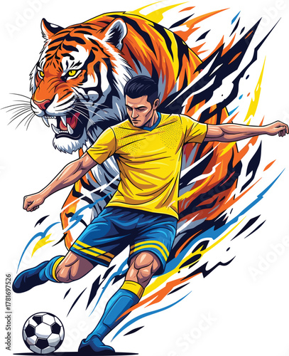 Vibrant Soccer Player Kicking Ball with Aggressive Tiger Mascot Graphic