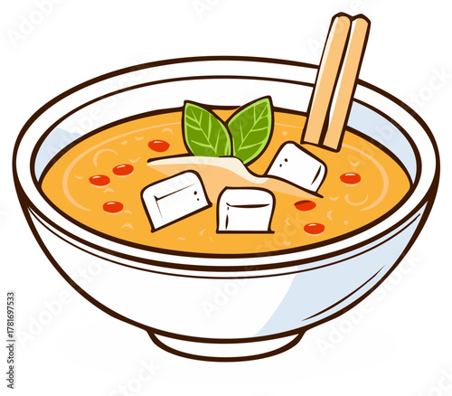 Delicious Asian Tom Yum Soup Illustration with Vegetables and Tofu in a White Bowl