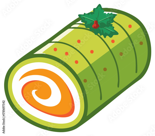 Festive Swiss Roll Pastry Dessert with Holly Leaf Decoration for Christmas or Winter Holidays