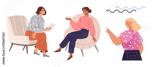 Three women in casual attire engage in discussion, using gestures to convey ideas. Ideal for teamwork, communication, leadership, group discussion, collaboration, networking, relationship building