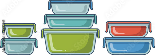 Collection of colorful food storage containers for meal prep and leftovers isolated on transparent background vector illustration