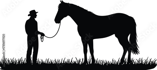 Horse silhouette, cowboy trainer, rope lead, grassy field, western ranch, animal care, black and white, calm moment