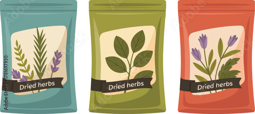 Collection of dried herbs in labeled sachets for cooking and seasoning isolated flat vector illustration