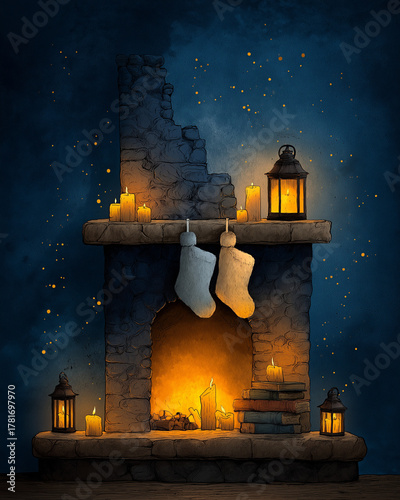 Cozy christmas fireplace with stockings, candles, and lanterns illuminated in a warm glow.