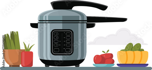 Electric pressure cooker kitchen appliance for cooking healthy food with fresh ingredients flat vector illustration