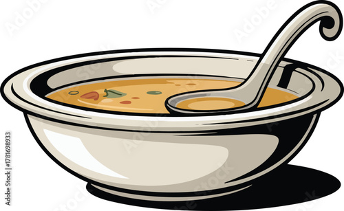 Hot bowl of soup with a ladle for a homemade meal isolated on transparent background hand drawn sketch vector illustration