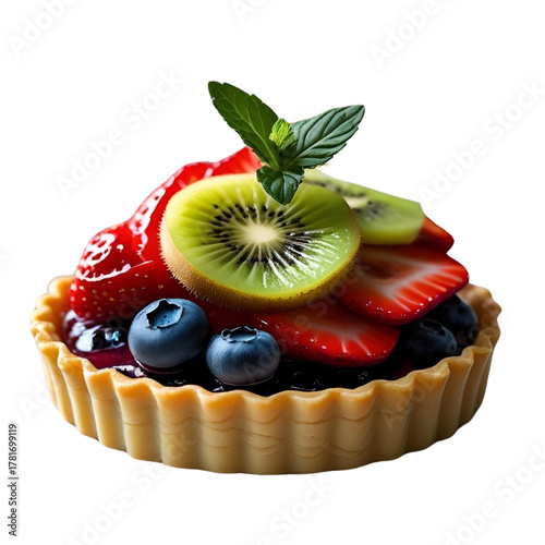 Fresh fruit tart topped with kiwi, strawberries, and blueberries.