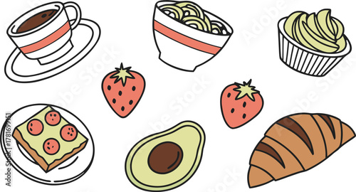 Trendy food clip art pack with coffee cups, croissants, avocado toast, cupcakes, and fruit bowls, colorful flat vector illustrations, transparent background