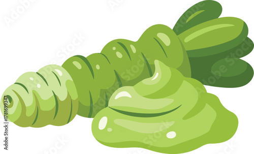 Japanese wasabi root and green paste for sushi and sashimi isolated cartoon vector illustration