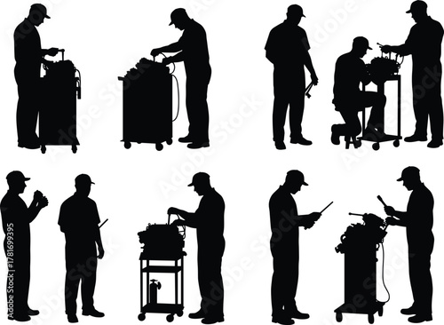 WebTechnician silhouettes, mechanical worker, repair tools, equipment cart, inspection pose, maintenance activity, black vector illustration