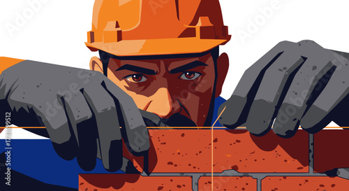 A focused construction worker in an orange hard hat and protective gloves carefully lays bricks, demonstrating precision and expertise in building.