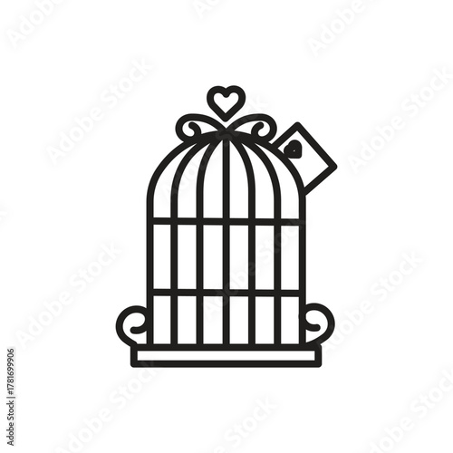 A black outlined birdcage with a heart on top and a tag bearing a heart