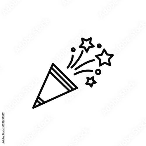 A blacklined icon of a party popper shooting out stars