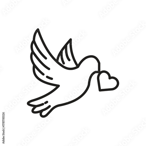 A line drawing of a dove holding a heart in its beak The dove is in midflight with its wings spread