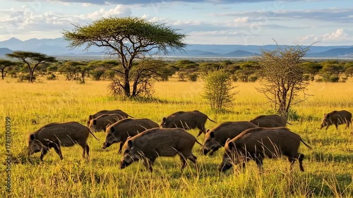 Warthog Herd Grazing in the Golden Savanna of Serengeti National Park Tanzania.