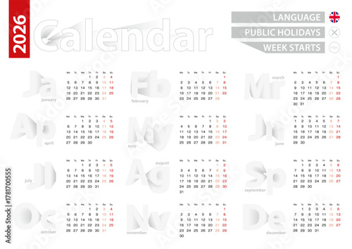 Calendar for 2026 year in english language, gray vector calendar
