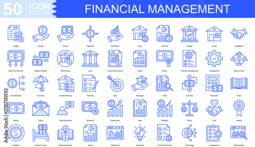 Financial Management icon collection set. Containing budget, Savings, Income, Expenses, Investment, Asset, financial icon