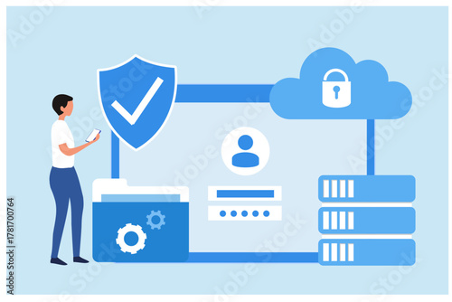 Cyber security and data protection privacy, PDPA concept. Businessman secure data management and protect data from hacker attacks and padlock icon to internet technology networking vector illustration