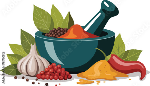 Mortar and pestle with a variety of fresh spices and herbs for cooking and seasoning isolated vector illustration